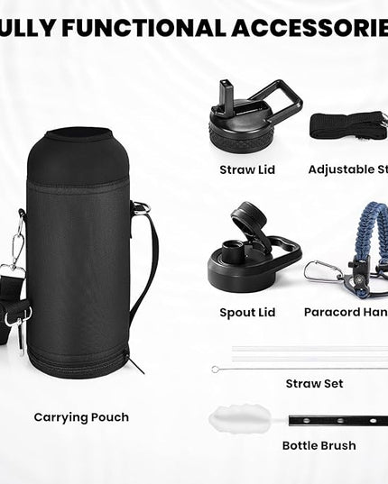 Insulated Water Bottle 40 oz, Triple Wall Vacuum Stainless Steel (Cold for 48 Hrs), Leak Proof & Non-BPA, Modern Water Flask Jug with Paracord Handle & Straw Spout Lids, Navy Blue
