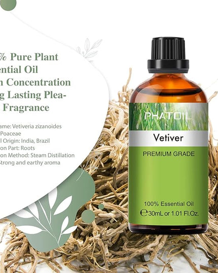 Vetiver Essential Oil, 1.01Fl.Oz (30ML) PHATOIL Pure Essential Oil Singles for Aromatherapy Diffusers, Humidifiers, Great for DIY Candle and Soap Making, Gift for Friend