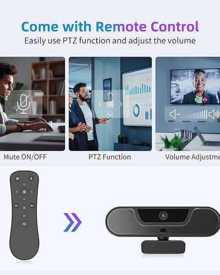 4K Webcam, UHD PTZ PC Camera with Speaker and 4 Microphones, Supporting Remote Control, Digital Zoom, Autofocus, Privacy Cover and Tripod, for Video Calls and Conferences and Live Streaming