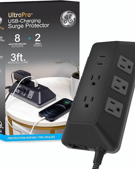 GE UltraPro Adapt 8-Outlet Surge Protector with USB Ports, 2 USB-A Ports, 2.4A, 3ft Braided Cord Power Strip Surge Protector, 1780 Joules, Black, 73776