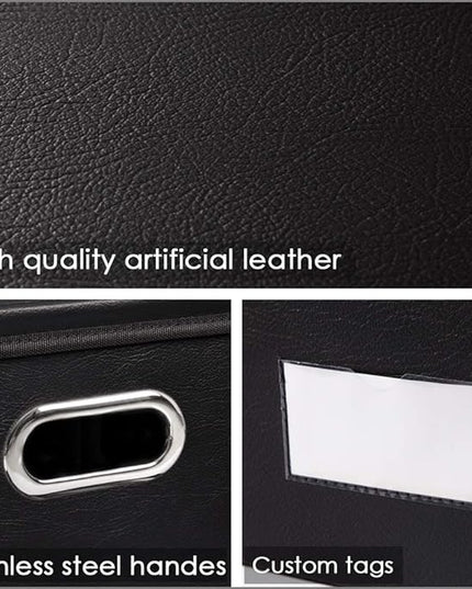 PRANDOM Large Foldable Storage Bins with Lids [3-Pack] Leather Fabric Collapsible Storage Boxes Organizer Containers Baskets Cube with Cover for Home Bedroom Closet Office Black(17.7x11.8x11.8)