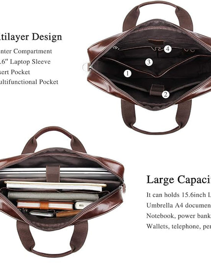Augus Leather Laptop Briefcase for Men,Waterproof Travel Messenger Duffle Bags 15.6 Inch Laptop Bag