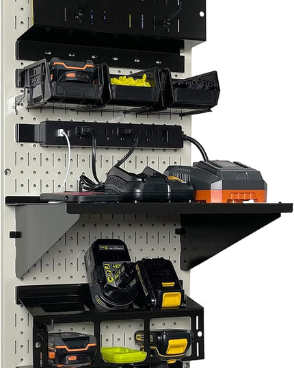 Wall Control Power Tool Storage Organizer Kit Cordless Drill Holder Charging Station Rack 16” x 32” Metal Pegboard Organization System (Beige Pegboard)