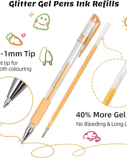 Glitter Gel Pen Refills, 156 Colors Gel Ink Pen Refills Replacements, Metallic Neon Ink Refills for Adults Coloring Book Drawing Doodling Journaling Art Supplies
