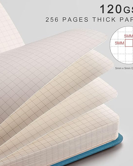 EMSHOI A5 Graph Paper Notebook Journal - 256-Page Hardcover, 120gsm Thick Ink-Proof Paper, PU Leather Cover with Inner Pocket, Portable 5.75"x8.38" Size for Work, Math, Engineering – Light Blue