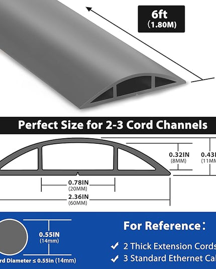 6ft Cord Covers - Grey Floor Cable Management, Hide Cord Cover, Electrical Cable Hider - Cavity: 0.78" W x 0.32" H