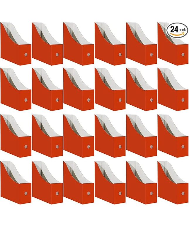 Limitliho Cardboard Magazine Holder (24 Pack), Sturdy Book Bins for Classroom, Vertical File Folder Organizer, 10.6'' 10.2'' 3.5'' Inch Magazine Rack (Orange-Red, 24 Pack)