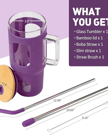 Glass Tumbler with Straw & Lid, 32 oz Glass Cup with Handle, Water Bottles with Time Marker - 2 Straws & Silicone Protective Sleeve Dark Purple