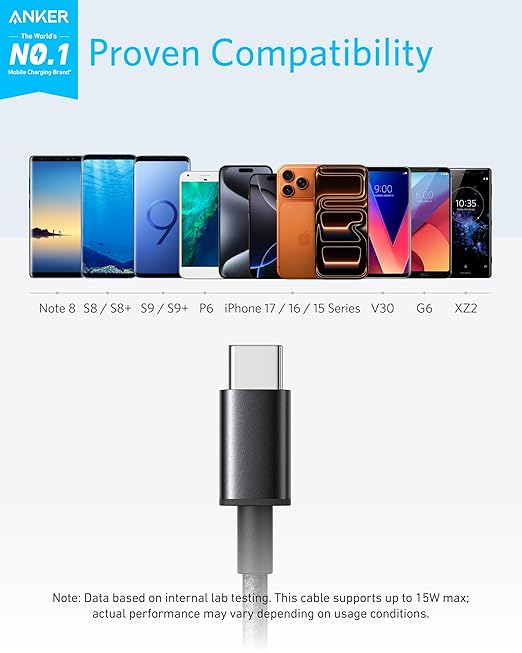 Anker Cable [2 Pack 6ft], USB A to USB C Cable for iPhone 17 Series,Samsung Galaxy S10 S10+, LG V30, Beats Fit Pro and More (Black).