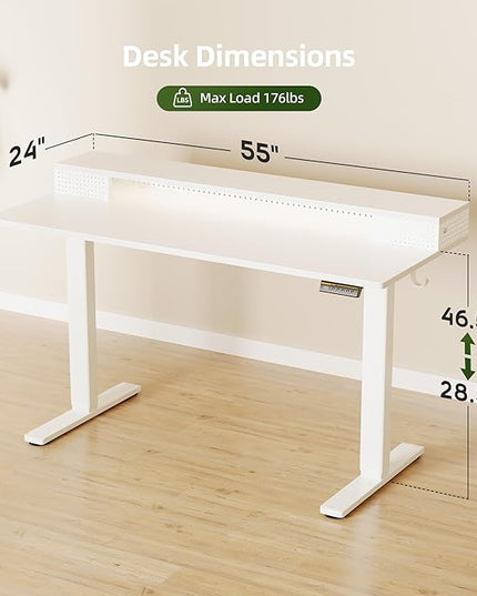 Claiks Electric Standing Desk with Shelf, 55 Inch Height Adjustable Standing Desk with LED Lights & Monitor Stand, White Frame/White Top