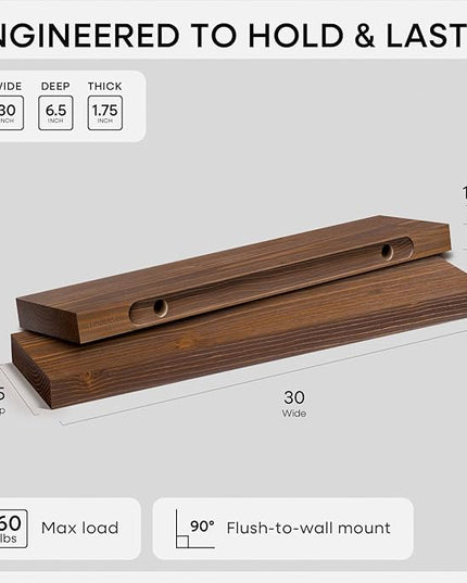 Homeforia Classic Walnut 30 inch Floating Shelf, High End Solid Real Wood Small 30inch Floating Shelves for Wall Mounted, 30in Floating Shelves, Heavy Duty Bracket, 30 X 6.5 X 1.75 inches, Set of 3