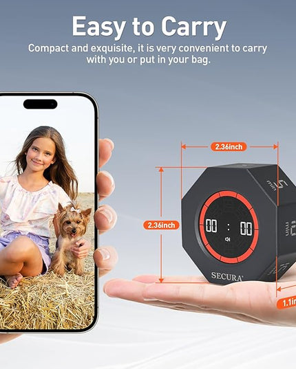 Secura Pomodoro Timer, Rotating Cube Time Tracker, Flip Gravity Sensor with 7 Presets(5/10/15/20/25/50/90 Minutes), Visual Progress Bar for ADHD, Kids, Tasks, Work, Study (Dark Gray)
