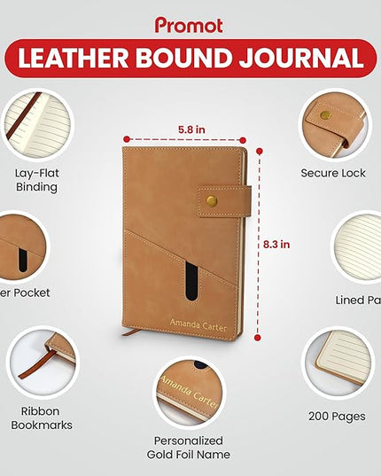Promot Personalized Notebook - A5 Lined Leather Bound Journal for Writing Women Men - Hardcover Executive Notebook, Daily Journal, Travel Diary, Gift Idea, Custom Embossed Text with Gold Metallic Foil