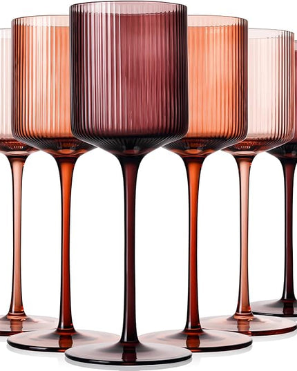 Melanin Colored Square Wine Glasses Set of 6, Elegant Ribbed Design Amber Crystal Glassware with Long Stem, 11.5oz Hand Blown Red & White Wine Stemware For Home Bar Deco,Party,Wine Dinner- Multicolour