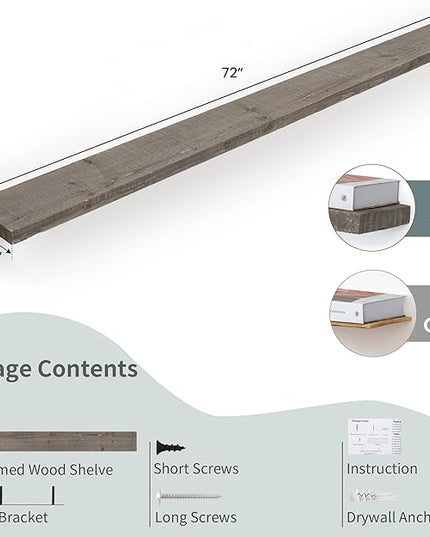 72 inch Floating Shelves for Wall, 8" Deep Rustic Reclaimed Barnwood Shelves, Floating Shelf Wall Hanging Shelves with Invisible Heavy-Duty Metal Bracket | Wall Mounted | Farmhouse Style, 1PC,Grey