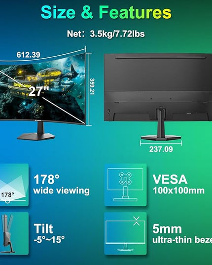 SANSUI Curved Monitor 27 inch 120Hz USB Type-C Computer Monitor with Speakers Built in丨FHD 1080p丨HDR丨110% sRGB丨1500R丨VESA Compatible,for Tablet,Desktop,Laptop and PC Work Gaming
