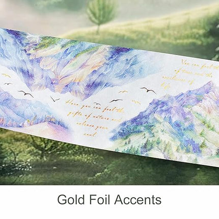 AuriicLeaf Mountain Forest Washi Tape Set, 6 Rolls with Poetic Text and Gold Foil Accents, Includes Clip for Scrapbooking, Journaling, and Planner Supplies