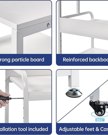 Printer Stand, 25.6" x 23.6" x 30.9" Extra Large Printer Table with Adjustable Storage Shelf, 3 Tier Rolling Printer Cart with Industrial Wheels for Home Office, White
