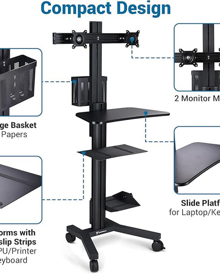 Yescom Mobile Computer Cart on Wheels Rolling PC Stand Desk Work Station Dual Monitor Mount Adjustable Keyboard Tray CPU Printer Holder for Lab Warehouse Black