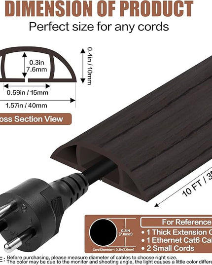 Floor Cord Cover Self Adhesive Cord Hider,10FT Cable Management, Extension Strip Protector for Wires, Prevent Cable Trips for Offices, Gyms, Exhibitions Cavity:0.51"(W) x 0.3"(H) Black Wood