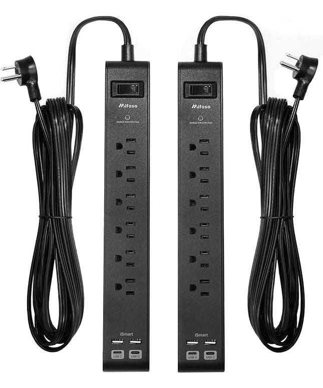 2 Pack Surge Protector Power Strip with 6 Outlets 4 USB Ports (2 USB C) 25-Foot Extension Cord Flat Plug 900 Joules 15A Circuit Breaker Wall Mount Desk USB Charging Station for Home Office