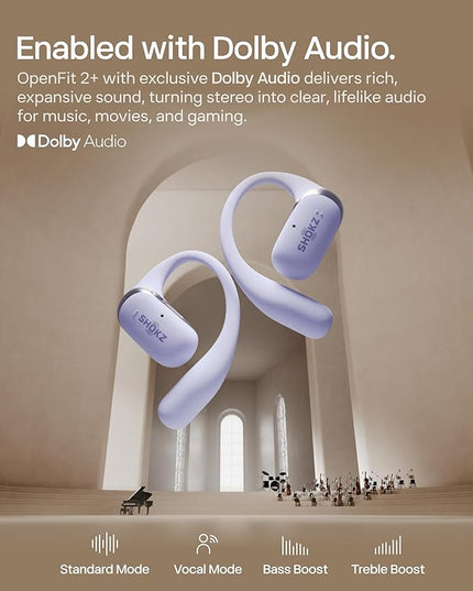 SHOKZ New OpenFit 2+ Open-Ear Headphones,Dolby Audio Enabled,Comfortable Earbuds with Soft Ear Hooks,48H Playtime,IP55 Water-Resistant,USB-C Fast Charging,Wireless Charging - Online Exclusive Purple