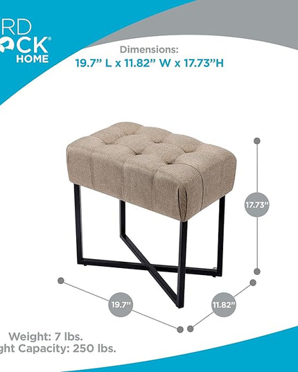 BIRDROCK HOME Rectangular Tufted Foot Stool Ottoman with Soft Padded Cushion - Versatile Vanity Chair for Bedroom, Living Room, Bathroom - Compact Seating for Adults - Beige with Black Metal Legs