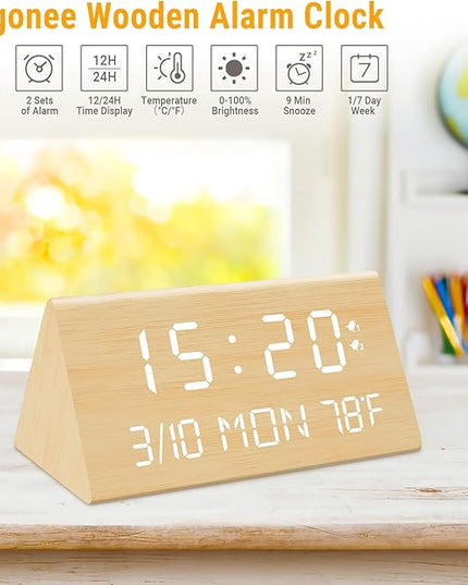Kogonee Wooden Digital Alarm Clock, 0-100% Dimmer, 2 Alarm Settings, Weekday/Everyday Mode, 9 Mins Snooze, 12/24H, Temperature and Date Display for Office, Travel, Bedroom Alarm Clock (Bamboo)
