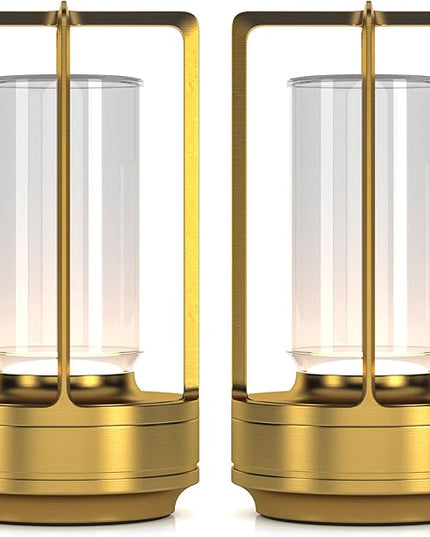 Portable Metal Table Lamp for Indoor/Outdoor ,Rechargeable Cordless LED Lamp, 3-Colour Infinitely Dimming Battery Powered Small Desk Lamp, Restaurant/Bedroom/Bar/Coffee/Camping Light (Gold Set of 2)