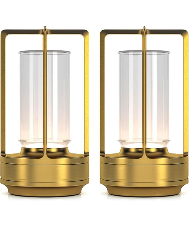 Portable Metal Table Lamp for Indoor/Outdoor ,Rechargeable Cordless LED Lamp, 3-Colour Infinitely Dimming Battery Powered Small Desk Lamp, Restaurant/Bedroom/Bar/Coffee/Camping Light (Gold Set of 2)