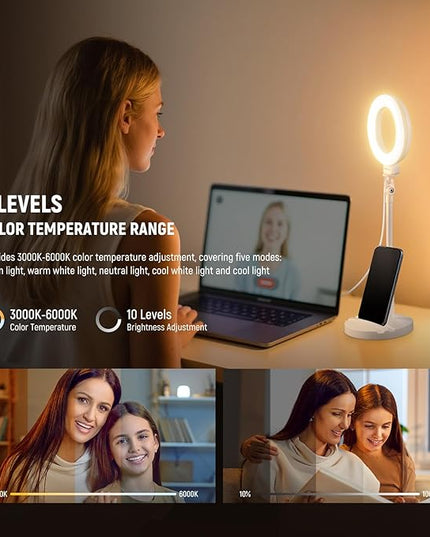 NEEWER BASICS 5"/13cm Desk Ring Light with Stand, 10W LED Selfie Light with Phone Holder Base Compatible with iPhone for Video Recording Laptop Webcam Zoom Video Conference Lighting Makeup, White BR60
