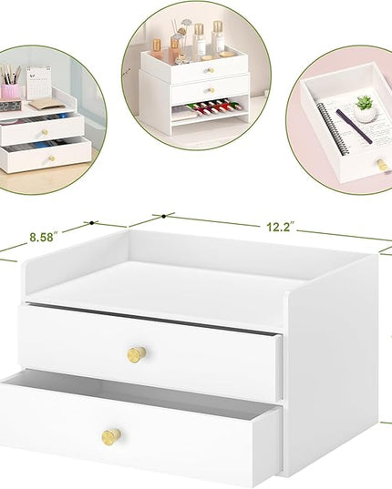 Bamboo Desk Organizer with Drawers Wooden Desktop Storage Drawers for Bills Office Supplies Kitchen Utensils Organizing Tool for Home Classroom Organization No Assembly (2 Drawers, White)
