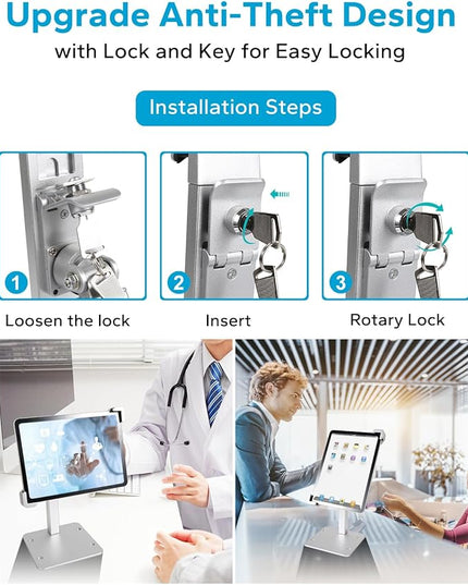 GDZN Anti-Theft Tablet Kiosk Stand with Lock, [Aluminum Arm] Desk Security POS Tablet Stand for Retail/Commercial/Trade Show, Heavy Duty Adjustable iPad Mount for iPad Pro, Galaxy tab, 9-14" Devices