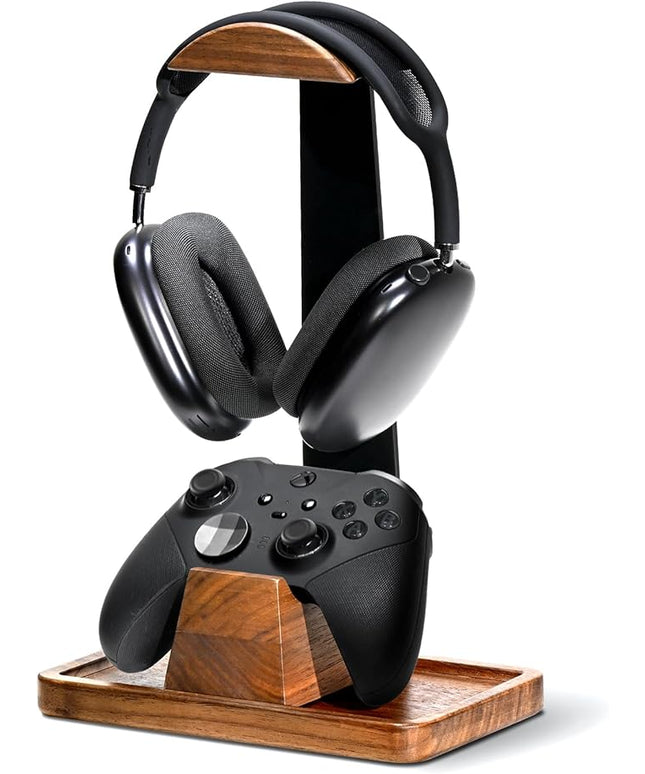UPERGO Headset Stand with Gaming Controller Holder, Walnut Wood Headphone Stand with Storage Base, Gaming Equipment Accessories for Desk