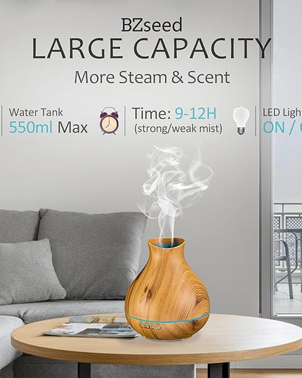 BZseed Aromatherapy Essential Oil Diffuser 550ml 12 Hours Wood Grain Aroma Diffuser with Timer Cool Mist Humidifier for Large Room, Home, Baby Bedroom, Waterless Auto Shut-off,7 Colors Lights Changing