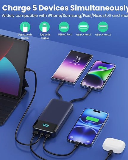 Portable Charger 40800mAh Power Bank with 3 Built-in Cable,PD 25W USB C in&Out Power Bank Fast Phone Charging,QC4.0 5 Output Travel Camping Essential Battery Pack for iPhone 17/16,Samsung Android-Navy