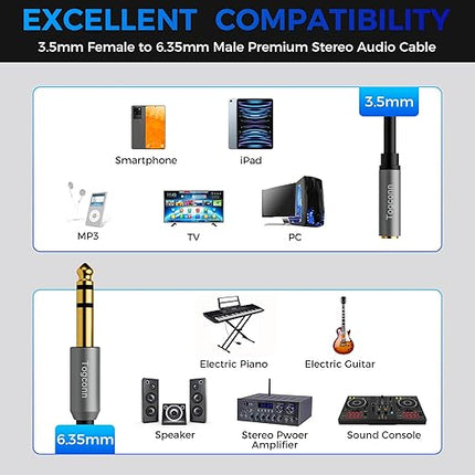 6.35mm to 3.5mm Stereo Audio Cable Adapter, 6.35mm 1/4 Inch TRS Male to 3.5mm 1/8 Inch Female Stereo Audio Converter Connector for Phone, Laptop, Headphone, Amplifier, Guitar, Speaker-1 Feet/12 Inch