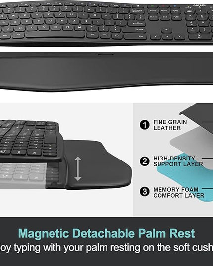 Arteck Multi-Device Comfortable Wireless Bluetooth Keyboard with Nano USB-A, USB-C Type C Receiver Palm Wrist Rest Full Size Keyboard for Windows iPad OS Android, Computer Desktop Laptop PC Tablet