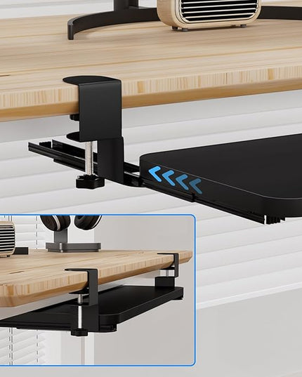 Keyboard Tray Under Desk, Slide Out Computer Keyboard Drawer with Adjustable C-clamp for Home, Office and Gaming Mouse Tray for Typing 25.59" × 9.84" × 4.72" Black
