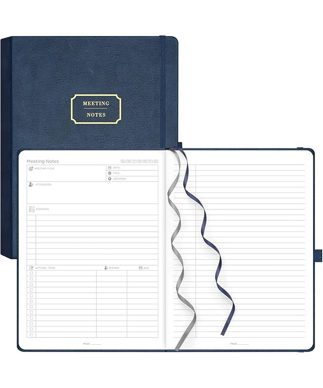EMSHOI Meeting Notebook for Work with Action Items - 320 Pages B5 Thick Project Planner Agenda Organizer Work Notebook for Women Men Office Business Notes, PU Leather Hardcover, 7.5" x 10", Blue