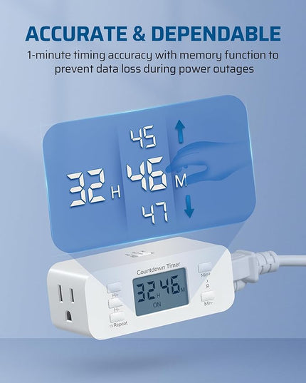 DEWENWILS 2 Pack Indoor Countdown Timer Outlet, Timers for Electrical Outlets Indoor, Large Screen and Repeat Function, Up to 36 Hours, Auto Shut Off for Fan, Lights, Charger, 125V 60Hz