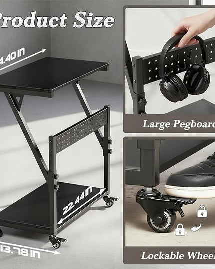 Computer Tower Cart, Height Adjustable PC Tower Stand, Mobile Rolling PC Cart, 2-Tier ATX-Case CPU Holder, PC Stand with Wheels, 23.23"-31.10" H, Black Pro