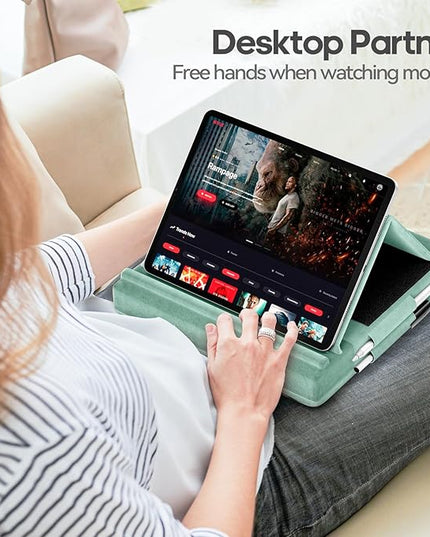 KDD Tablet Pillow Stand, Multi-Angle Viewing Ipad Holder for Lap, Bed and Desk, Foldable Soft Pad Dock with Stylus Mount Compatible with Ipad Pro 12.9, 10.5, 11, Air, Mini, Phones, Books, E-Reader