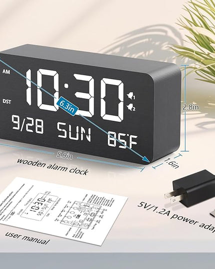 Fomobest Wooden Digital Alarm Clock for Bedroom - Desk Clock with Date, Day of Week, Temperature, Dual Alarms, Dimmer, USB Port Charge, DST, Adjustable Volume for Living Room/Office Wood Decor (Black)
