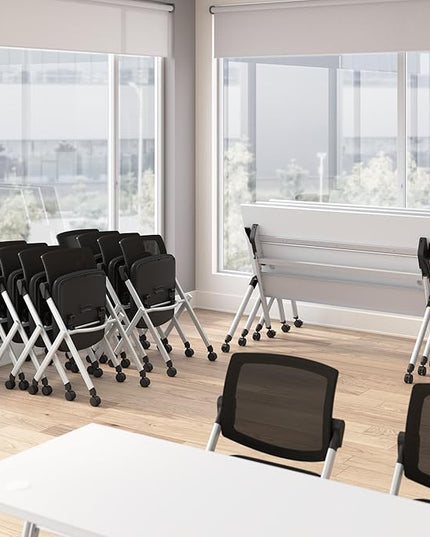 Bush Business Furniture Folding Training Table Set for 2, 72 inch Desk with Powered Grommets and 2 Chairs, Commercial-Grade Bundle for Office or Classroom, Envision Collection, White