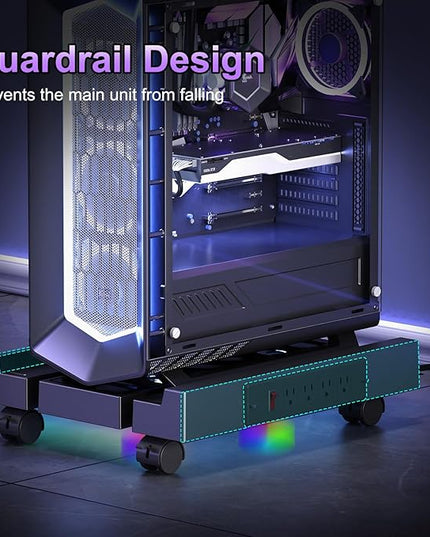 Computer Tower Stand with Charging Station, Cooler Fan and Light, Adjustable PC Stand for Floor, Mobile CPU Stand with 4 Caster Wheels, Under Desk CPU Holder Fits Most PC Tower