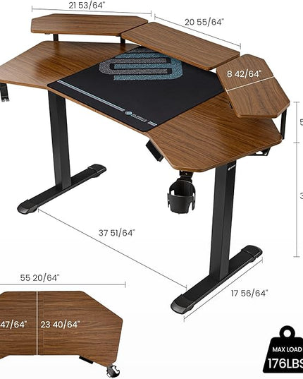 EUREKA ERGONOMIC Aero 55 Inch W Shaped Electric Standing Desk, Height Adjustable Computer Gaming Desk with LED Monitor Shelf, Mouse Pad, Headphone Hook, Cup Holder, Dark Walnut