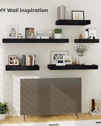 Heimlove 12 Inch Deep Floating Shelves, 16 x 12 inches Long Wall Shelf, Large Extra Display Shelf & Storage Shelf, Rustic Wood Wall Shelves for Fireplace Mantel, Black - 2Pack