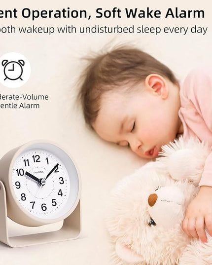 TIMESS Analog Alarm Clock, Silent Non-Ticking Quartz Movement, Battery-Operated with Snooze & On-Demand Light, Easy to Set Gentle Wake Bedside Desk Clock, Ideal for Home, Travel, Office (Yellow)