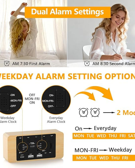 Fomobest Wooden Digital Alarm Clock for Bedroom -Desk Clock with Date, Day of Week, Temperature, Dual Alarms, Dimmer, USB Port Charge, DST, Adjustable Volume for Living Room/Office Wood Decor (Bamboo)